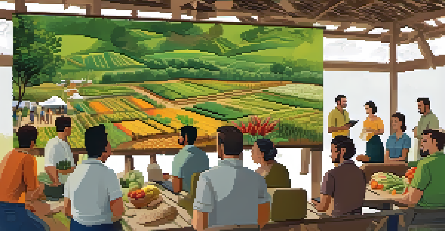 A workshop at an agricultural fair in Brazil, showcasing sustainable farming techniques to farmers with plants in the background.