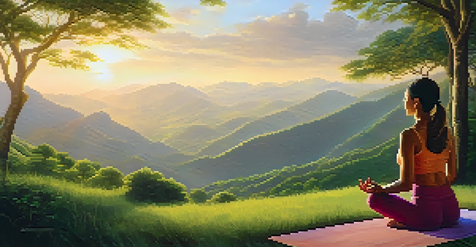 A person practicing yoga at sunrise in the mountains of Brazil, surrounded by green hills and soft sunlight.