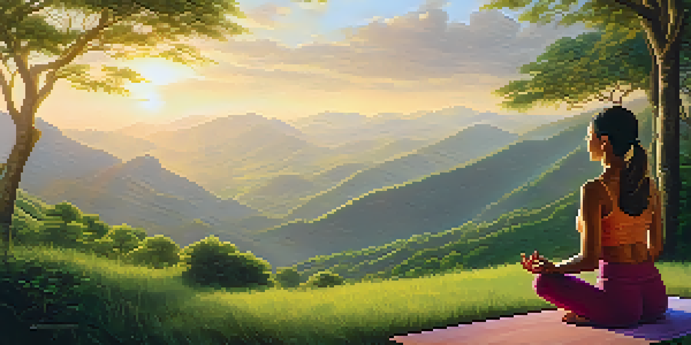 A person practicing yoga at sunrise in the mountains of Brazil, surrounded by green hills and soft sunlight.