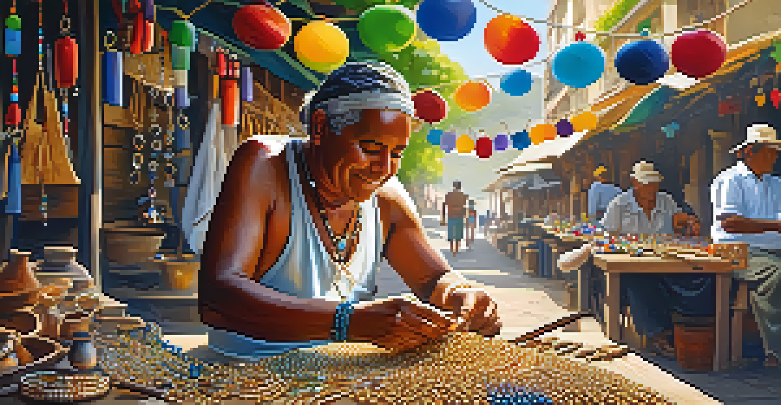 An artisan crafting handmade jewelry at a Rio street market, surrounded by colorful beads and tools, under dappled sunlight.