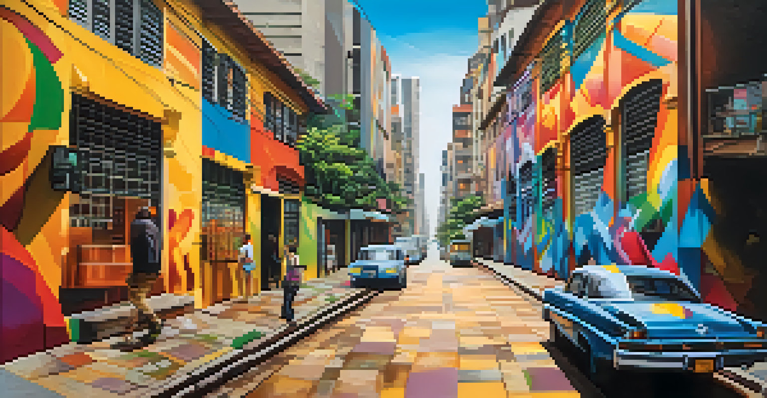 A large mural showcasing vibrant street art in São Paulo, depicting cultural themes and social issues, with people admiring the artwork.