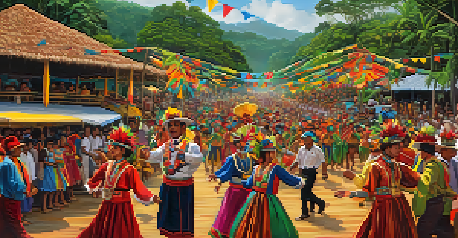 A lively festival scene in the Amazon with colorful costumes, dancing people, and decorated floats surrounded by greenery.