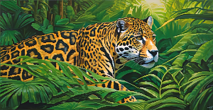 A jaguar moving quietly through a dense rainforest, surrounded by greenery and colorful flowers.