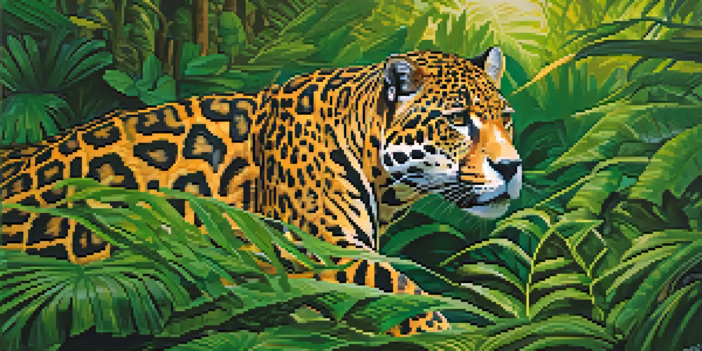 A jaguar moving quietly through a dense rainforest, surrounded by greenery and colorful flowers.