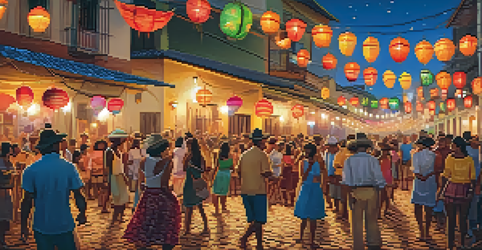 A lively street scene at the São João Festival with people dancing, colorful decorations, and a bonfire.