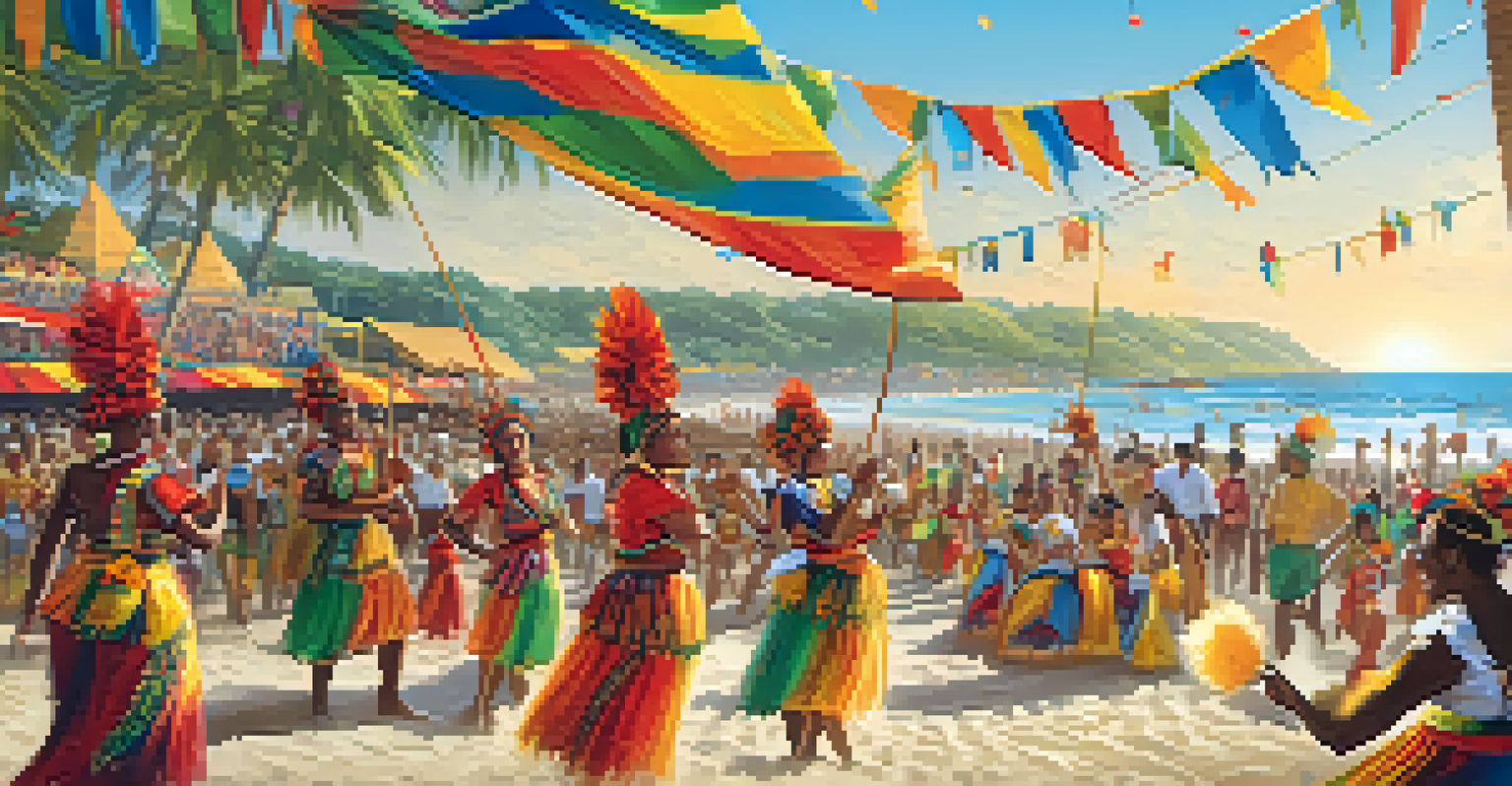 A cultural beach festival with locals in traditional outfits dancing samba, surrounded by a lively atmosphere and bright decorations.