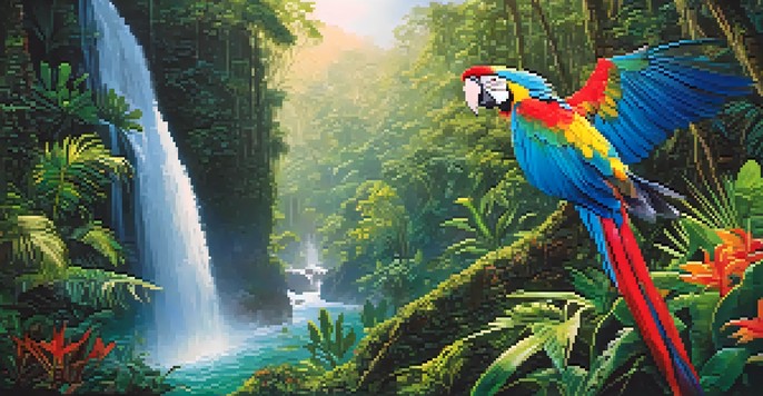 A colorful macaw flying through the green canopy of the Amazon rainforest, with sunlight filtering through the leaves and a waterfall in the background.