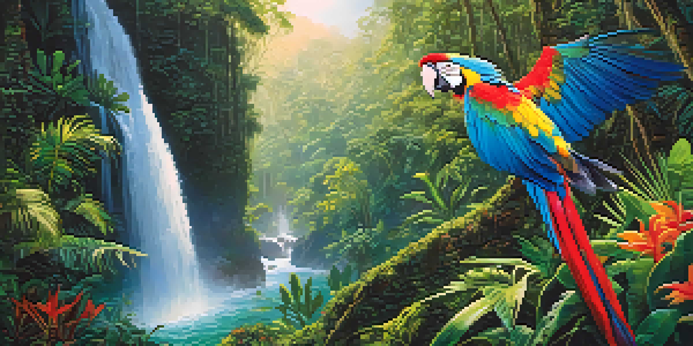 A colorful macaw flying through the green canopy of the Amazon rainforest, with sunlight filtering through the leaves and a waterfall in the background.