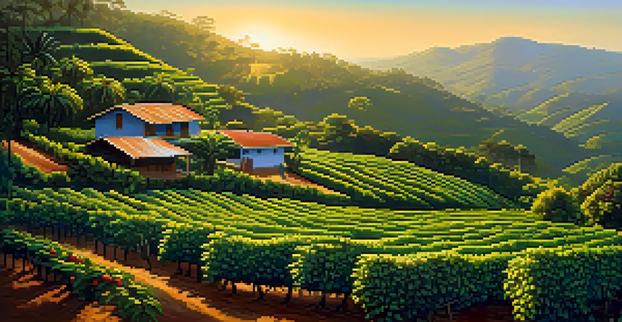 A scenic view of a Brazilian coffee plantation at sunrise with coffee trees and ripe cherries under a clear blue sky.