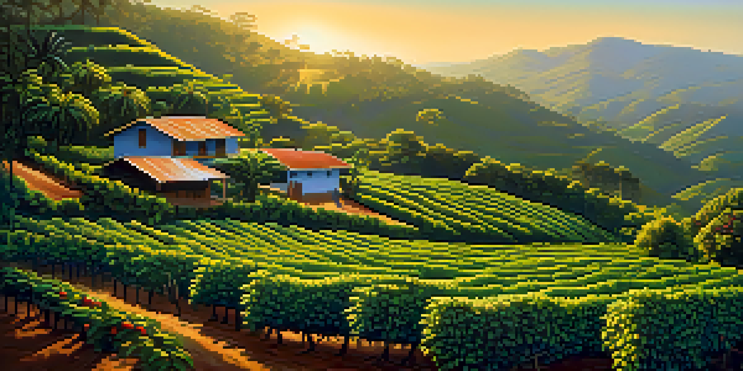 A scenic view of a Brazilian coffee plantation at sunrise with coffee trees and ripe cherries under a clear blue sky.