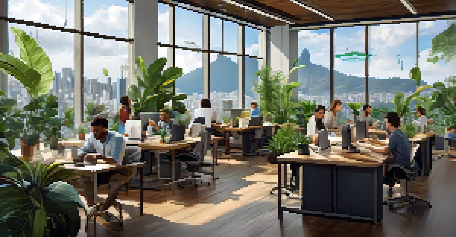 A bright co-working space in Rio de Janeiro with people working and collaborating, featuring plants and a city skyline view.