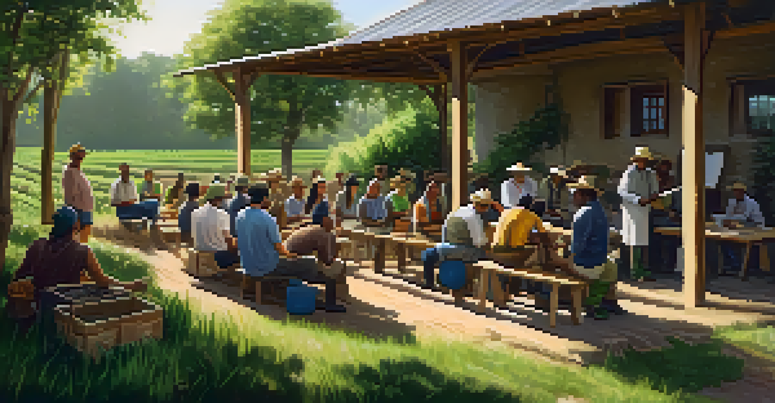 Local farmers participating in an outdoor agricultural education workshop, surrounded by greenery.