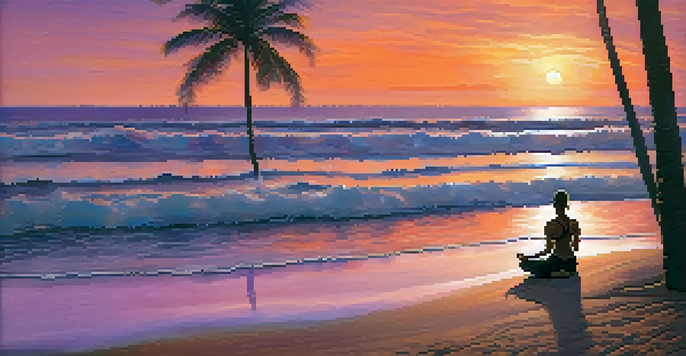 A person practicing yoga at sunset on a beach in Brazil, with colorful skies and ocean waves.