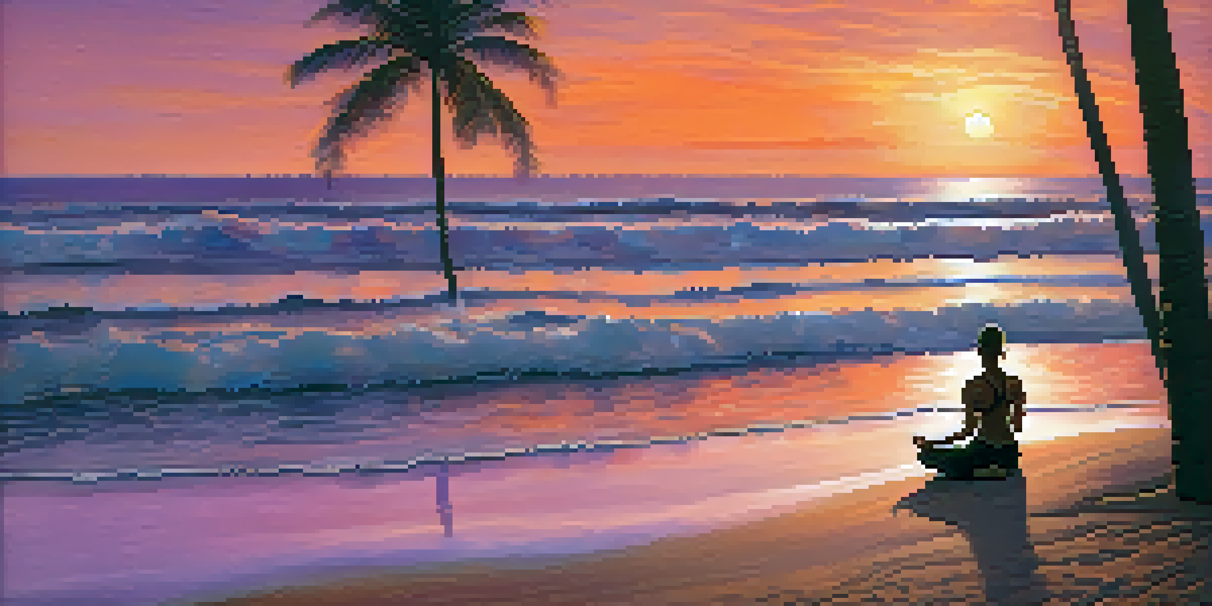 A person practicing yoga at sunset on a beach in Brazil, with colorful skies and ocean waves.