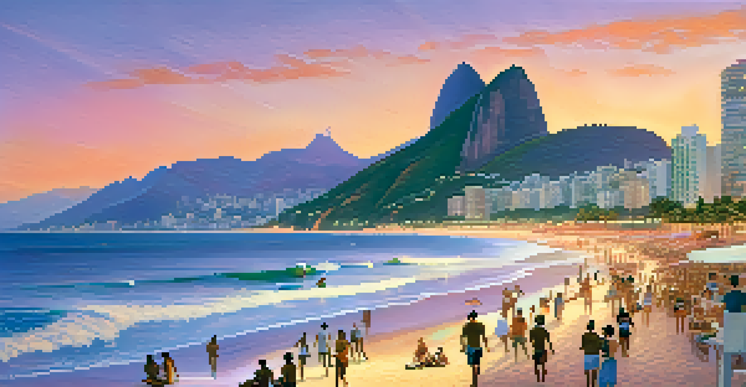 Ipanema Beach at sunset with diverse groups of people relaxing on the sand and Two Brothers Mountain in the background.