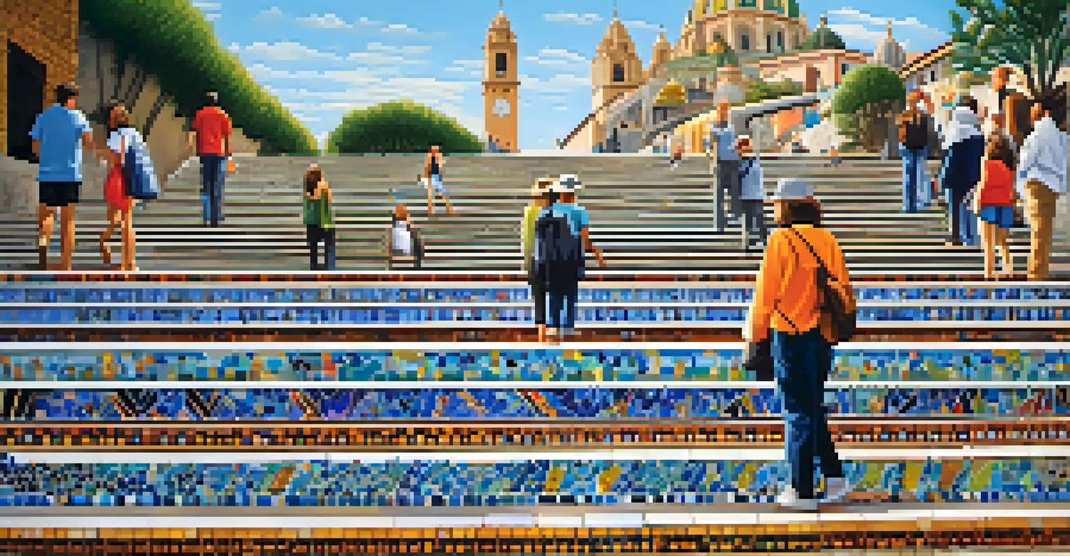 A colorful view of the Selarón Steps with vibrant mosaic tiles and people interacting around the art.