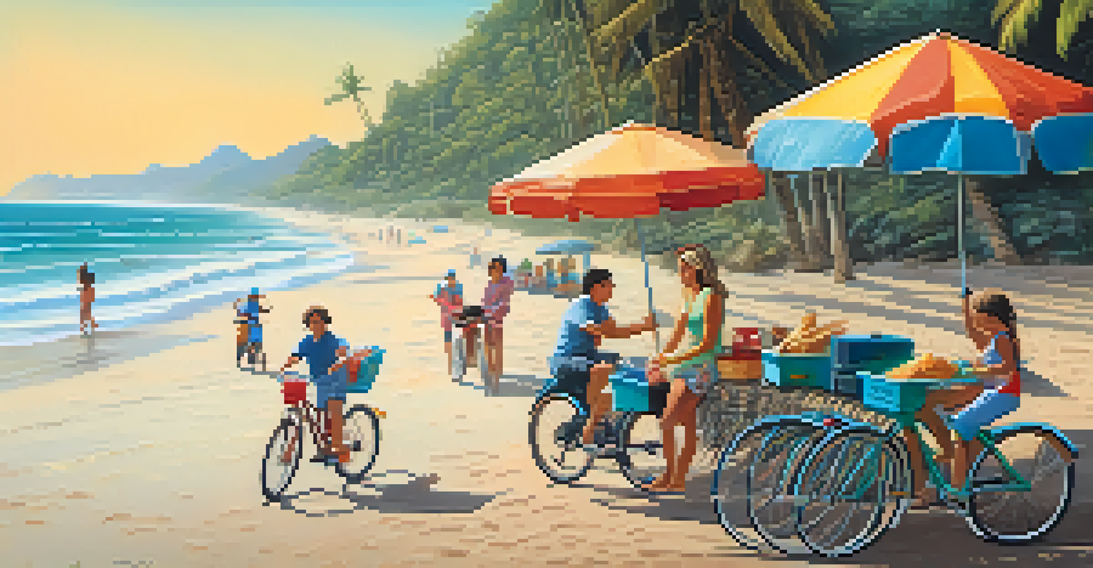 A family having a picnic on the beach after cycling, with ocean waves and palm trees in the background.