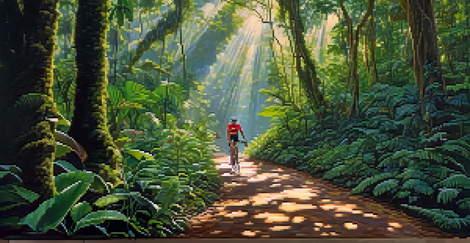 A cyclist riding through the Amazon Rainforest, with tall trees and bright green plants around them, and birds in the sky.
