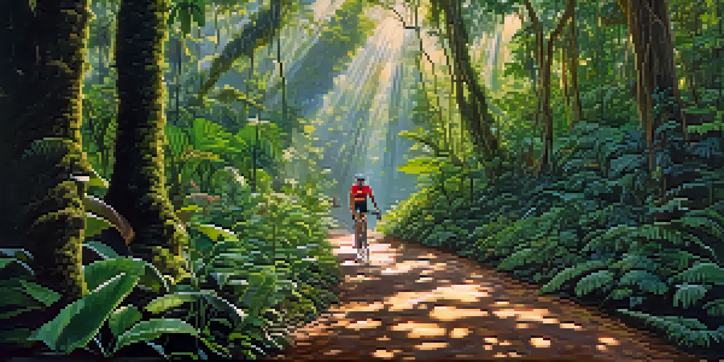 A cyclist riding through the Amazon Rainforest, with tall trees and bright green plants around them, and birds in the sky.