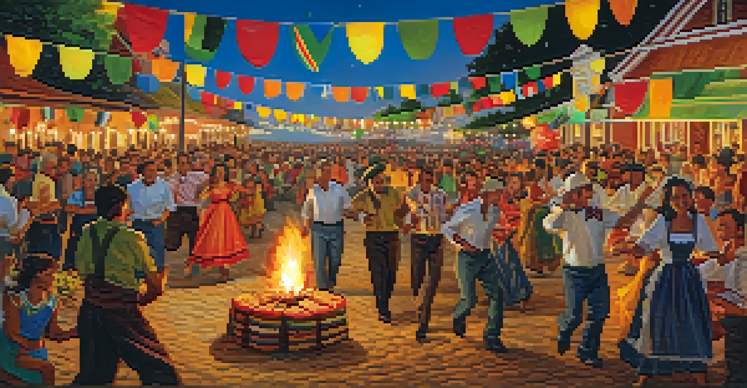 People celebrating Festa Junina, dancing around a bonfire with traditional decorations and food.