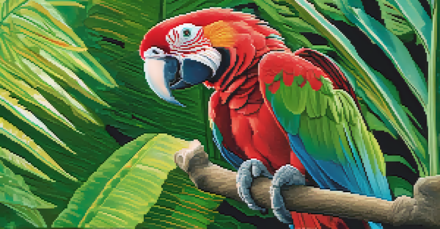 A close-up of a colorful macaw sitting on a branch in a rainforest, with sunlight filtering through the leaves.