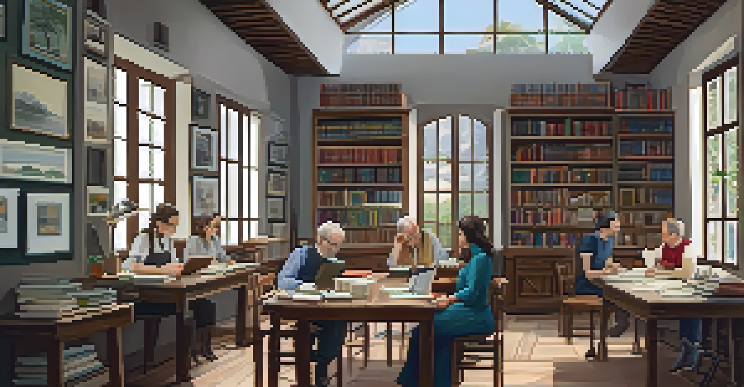 A cozy workshop with an author and participants engaged in creative writing, surrounded by books and soft ambient lighting.