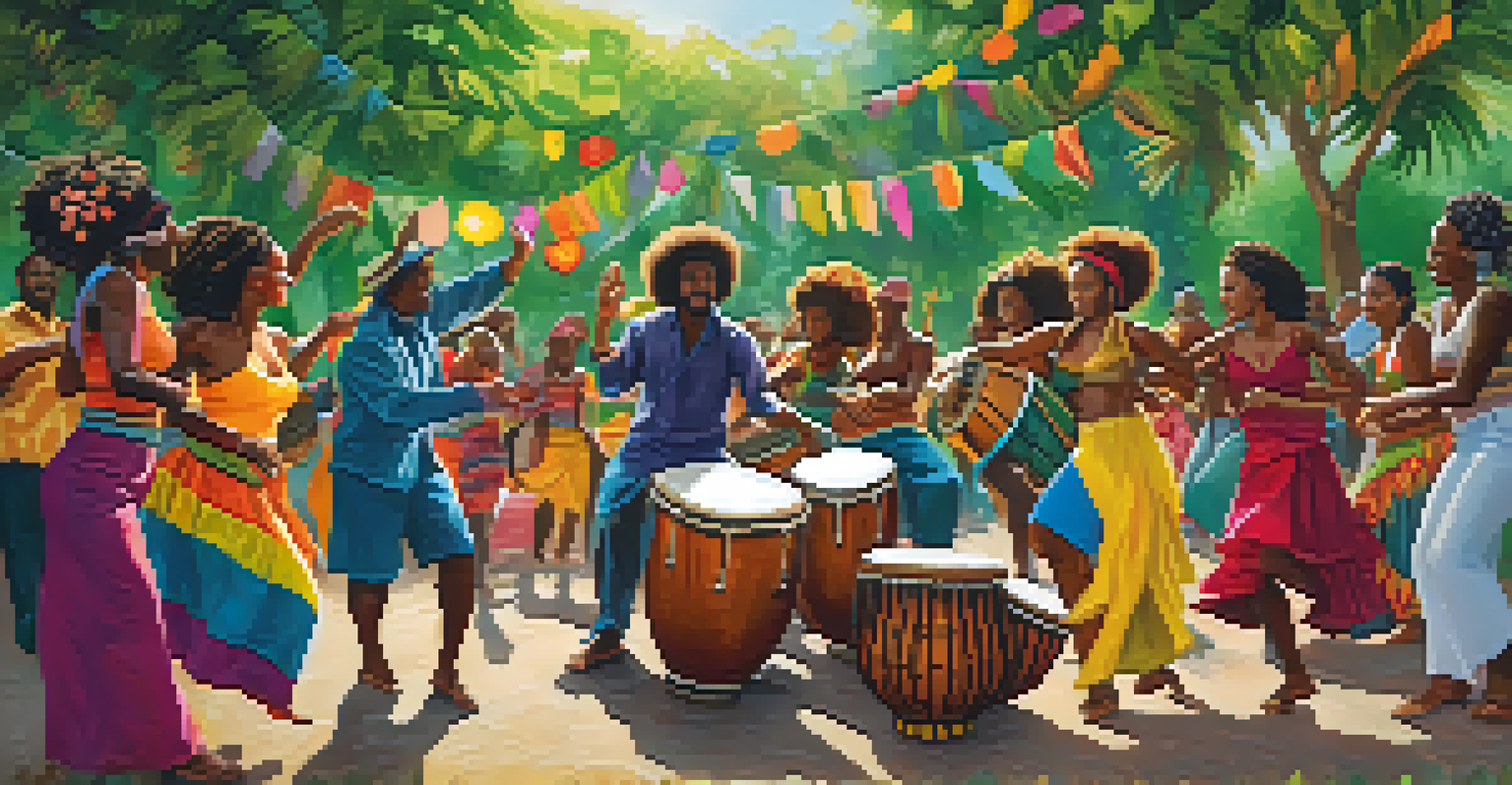 An outdoor gathering of people dancing to Afro-Brazilian music, with musicians playing drums and traditional instruments surrounded by lush greenery and a vibrant atmosphere.