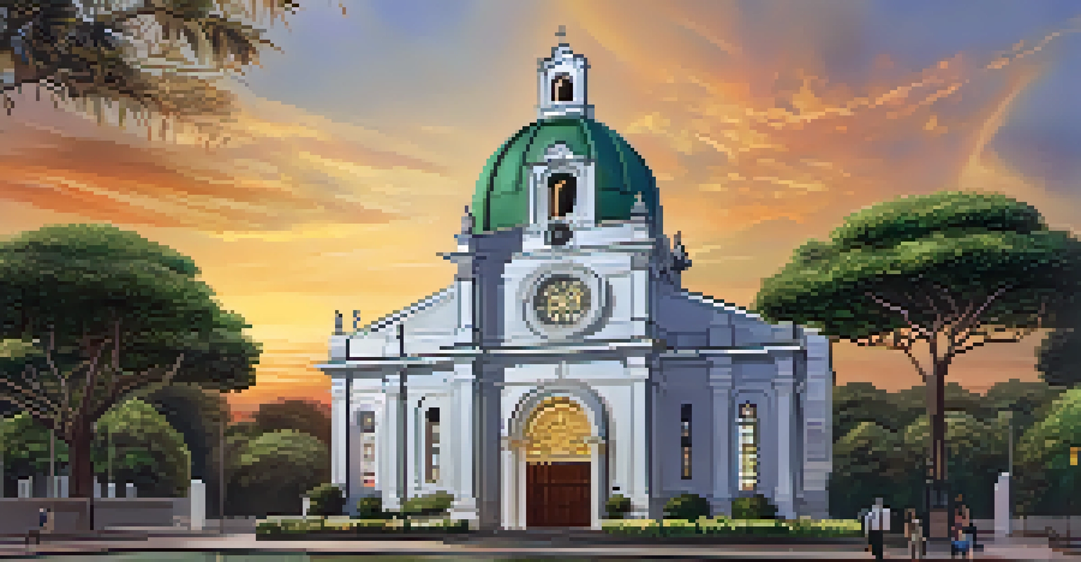 The Church of São Pedro dos Clérigos with a towering bell tower and detailed facade, set against a colorful sunset sky.
