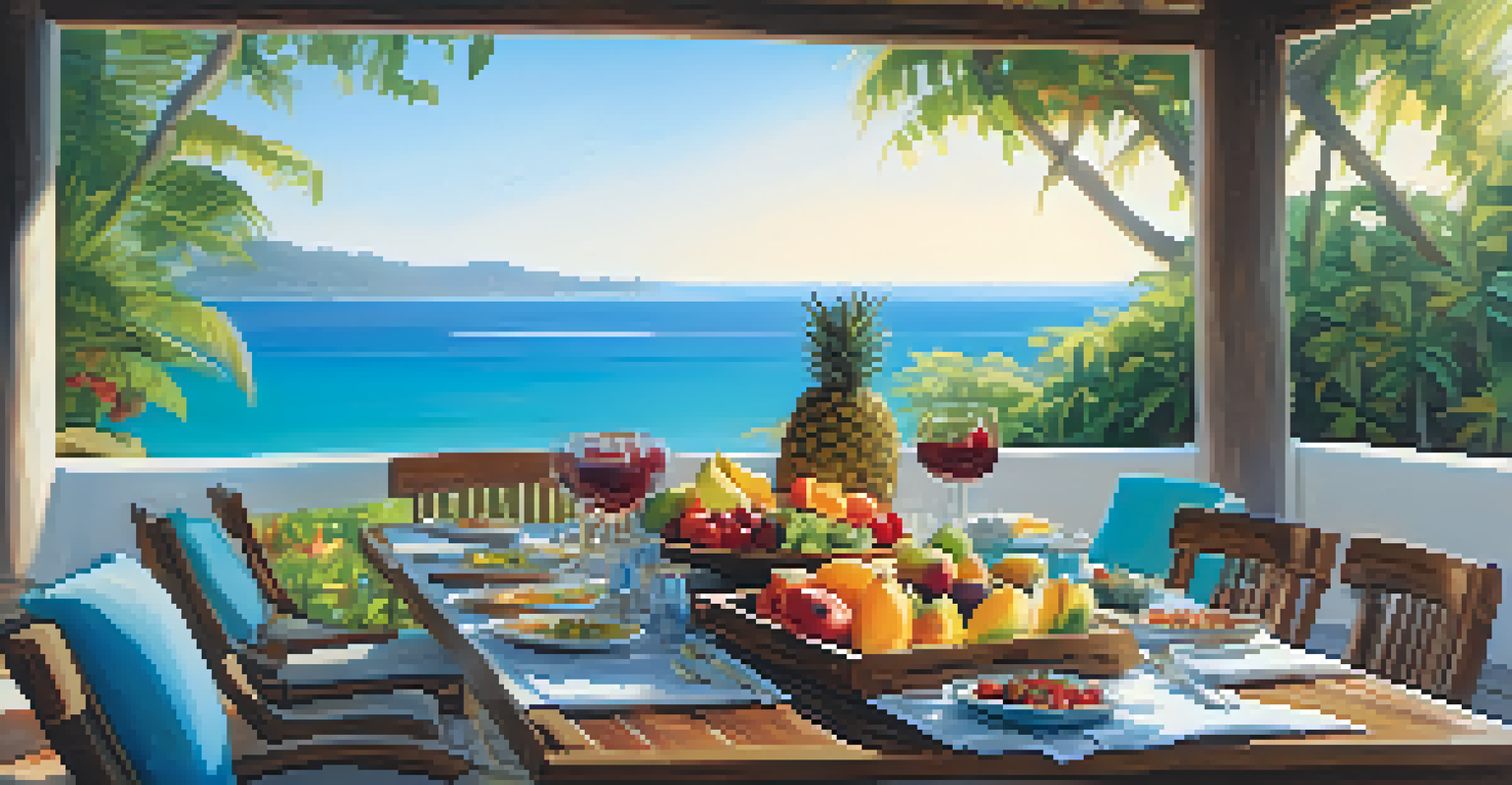 A beautifully arranged outdoor dining table with tropical fruits and salads by the sea.