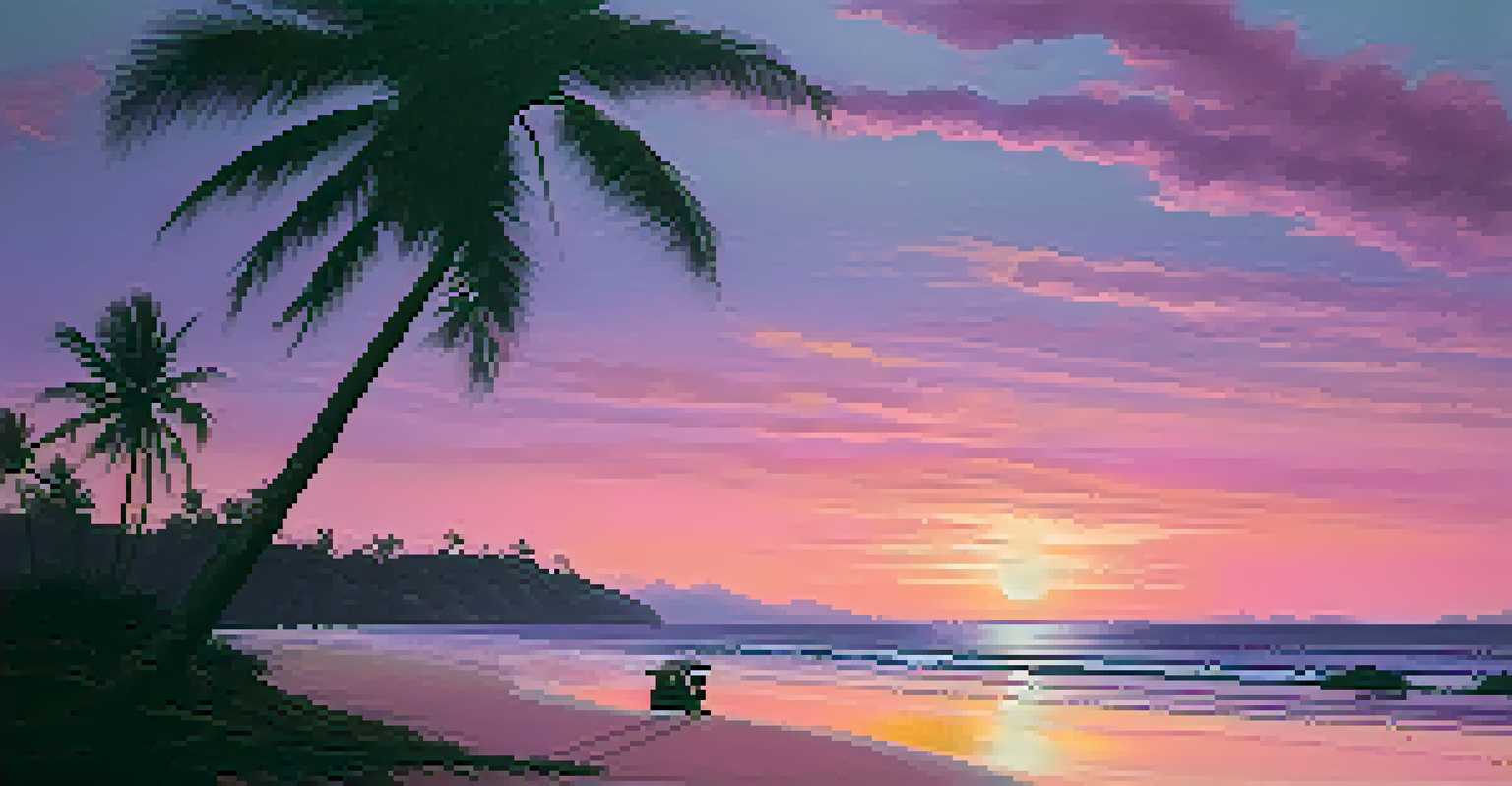A peaceful beach view at dusk in Brazil, with palm trees and a fisherman silhouetted against a colorful sky.
