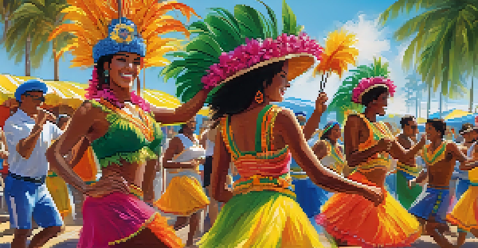 A lively Brazilian community festival with volunteers and locals dancing samba in colorful costumes, surrounded by traditional decorations and palm trees under a bright blue sky.