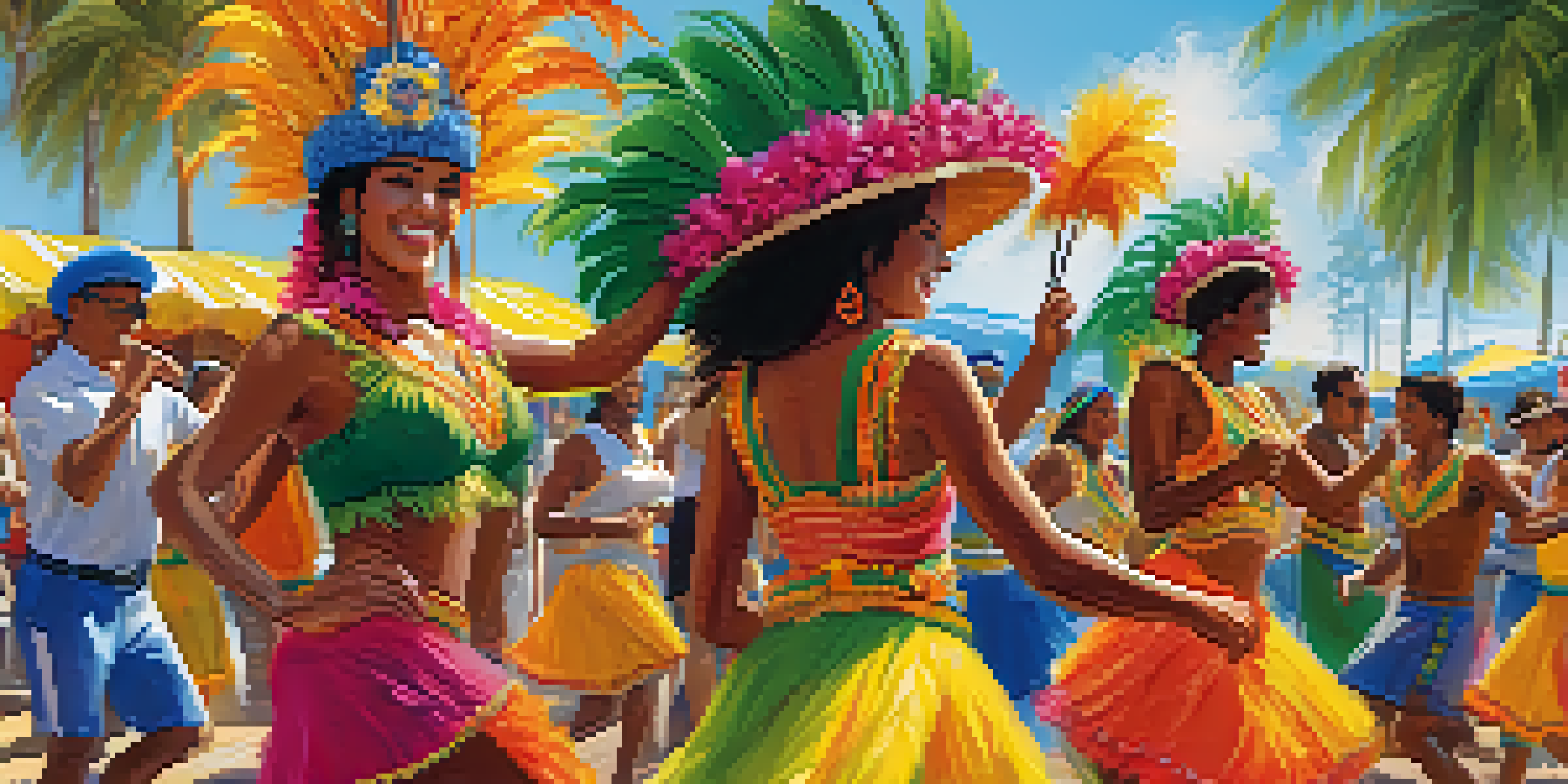 A lively Brazilian community festival with volunteers and locals dancing samba in colorful costumes, surrounded by traditional decorations and palm trees under a bright blue sky.