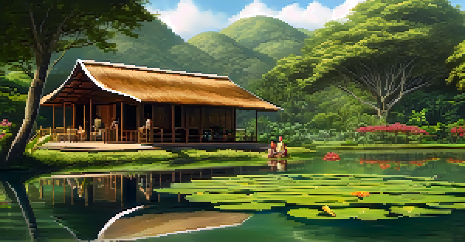 An eco-spiritual center in Brazil, featuring a wooden building and people meditating in a peaceful garden setting with blooming flowers.