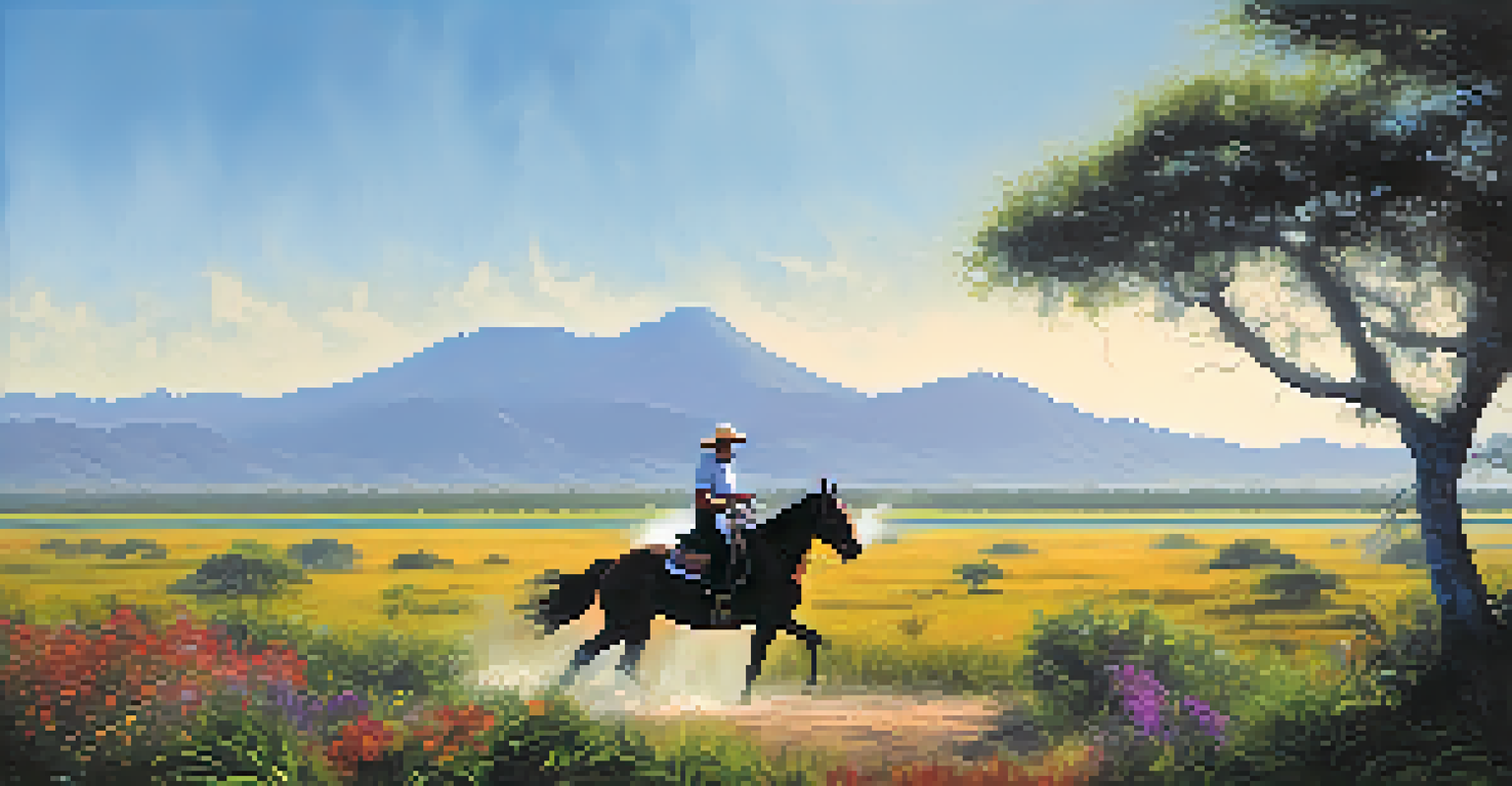 A rider galloping on horseback through the open plains of the Pantanal, with wildflowers and lush greenery in the background.