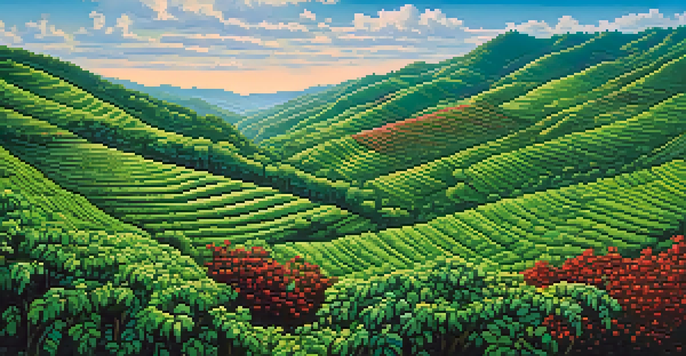 A wide view of green hills in Minas Gerais, Brazil, featuring coffee plants with visible red cherries under a blue sky with clouds.