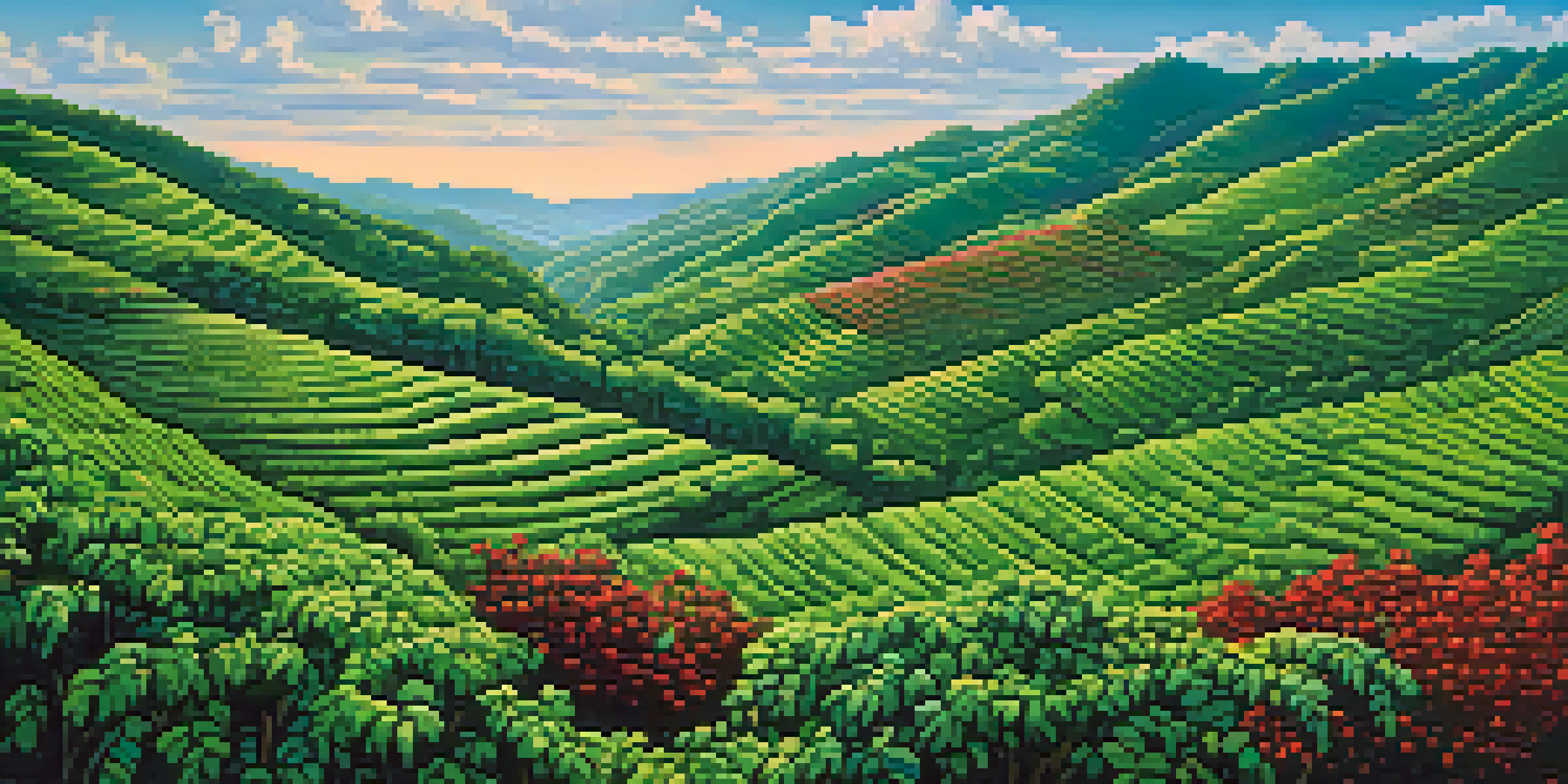 A wide view of green hills in Minas Gerais, Brazil, featuring coffee plants with visible red cherries under a blue sky with clouds.