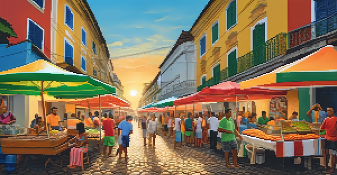 A bustling street food market in Salvador, featuring colorful stalls serving traditional Bahian dishes, with people enjoying the vibrant atmosphere during sunset.