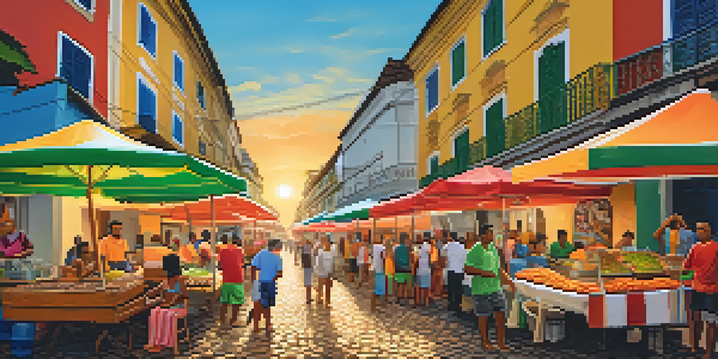 A bustling street food market in Salvador, featuring colorful stalls serving traditional Bahian dishes, with people enjoying the vibrant atmosphere during sunset.