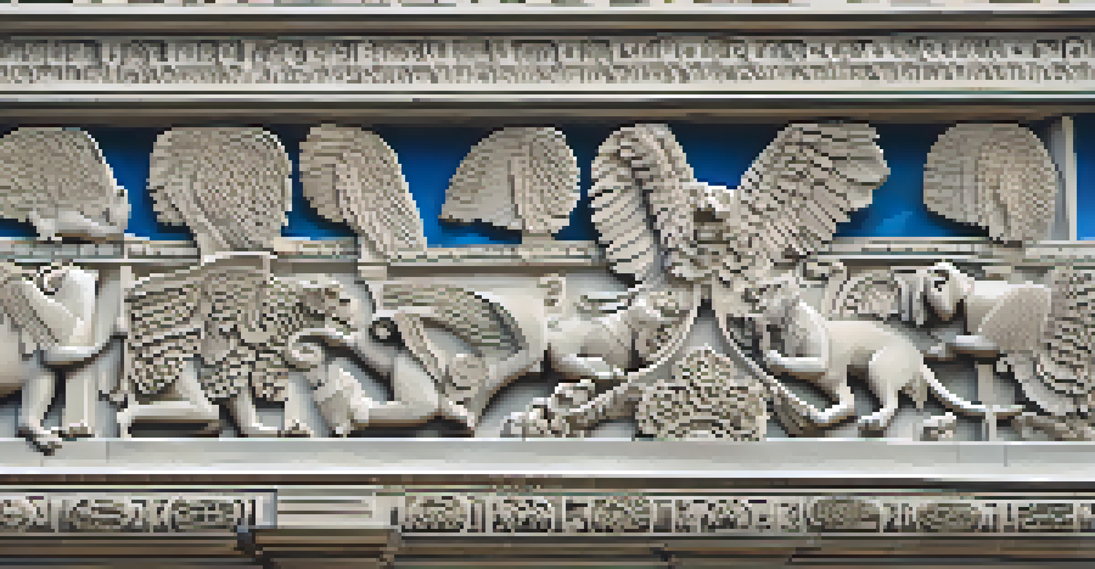 A close-up of the intricate stone carvings on the São Paulo Cathedral's façade, highlighting gargoyles and floral motifs.