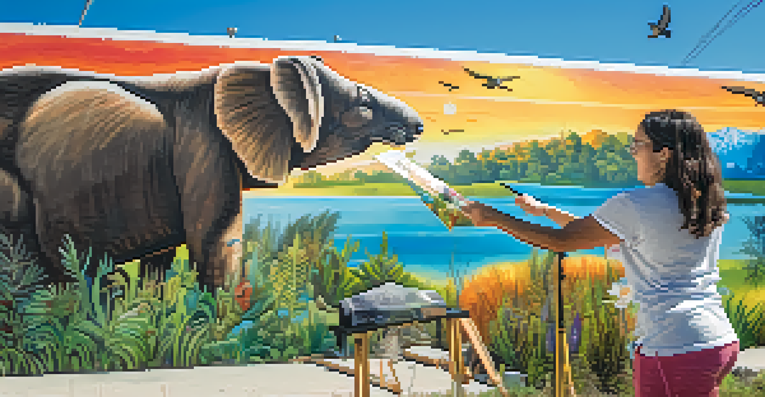 A local community member and a volunteer discussing wildlife conservation in front of a colorful mural.