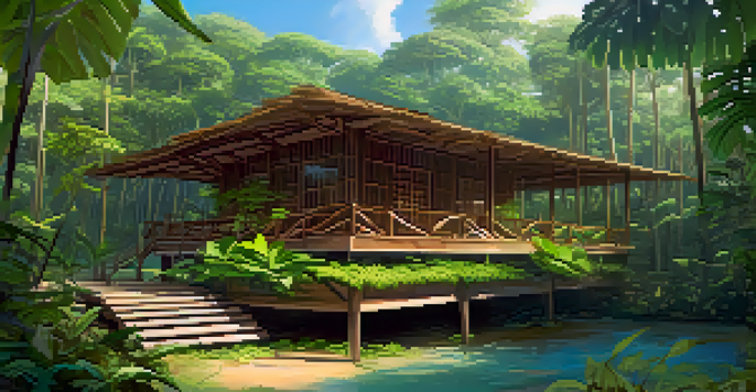 A sustainable eco-lodge in the Amazon rainforest surrounded by greenery and colorful flowers, with sunlight filtering through the trees.