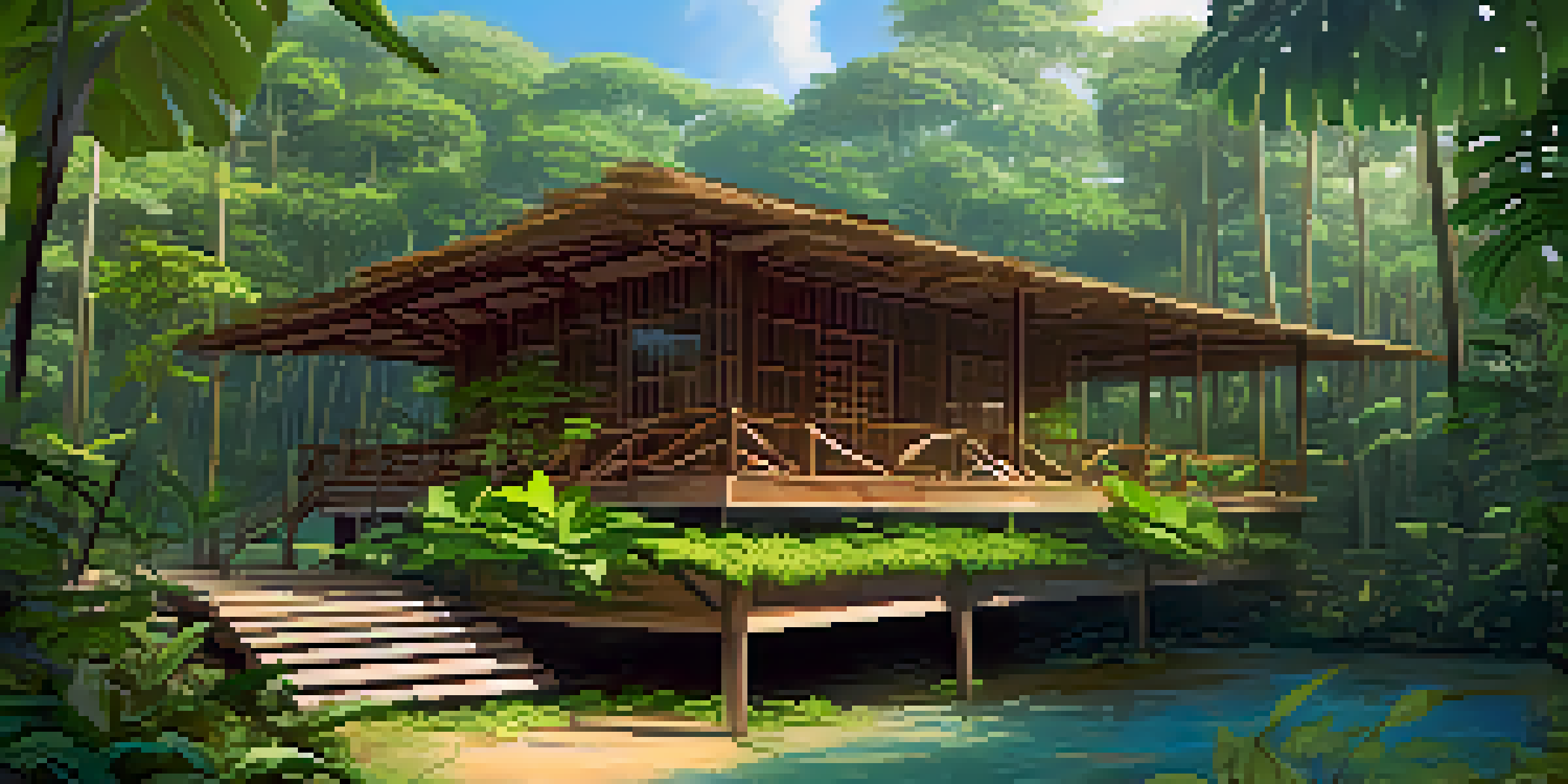 A sustainable eco-lodge in the Amazon rainforest surrounded by greenery and colorful flowers, with sunlight filtering through the trees.