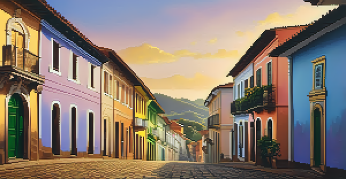 A colonial town in Brazil at sunset with cobblestone streets, pastel houses, and baroque churches bathed in golden light.