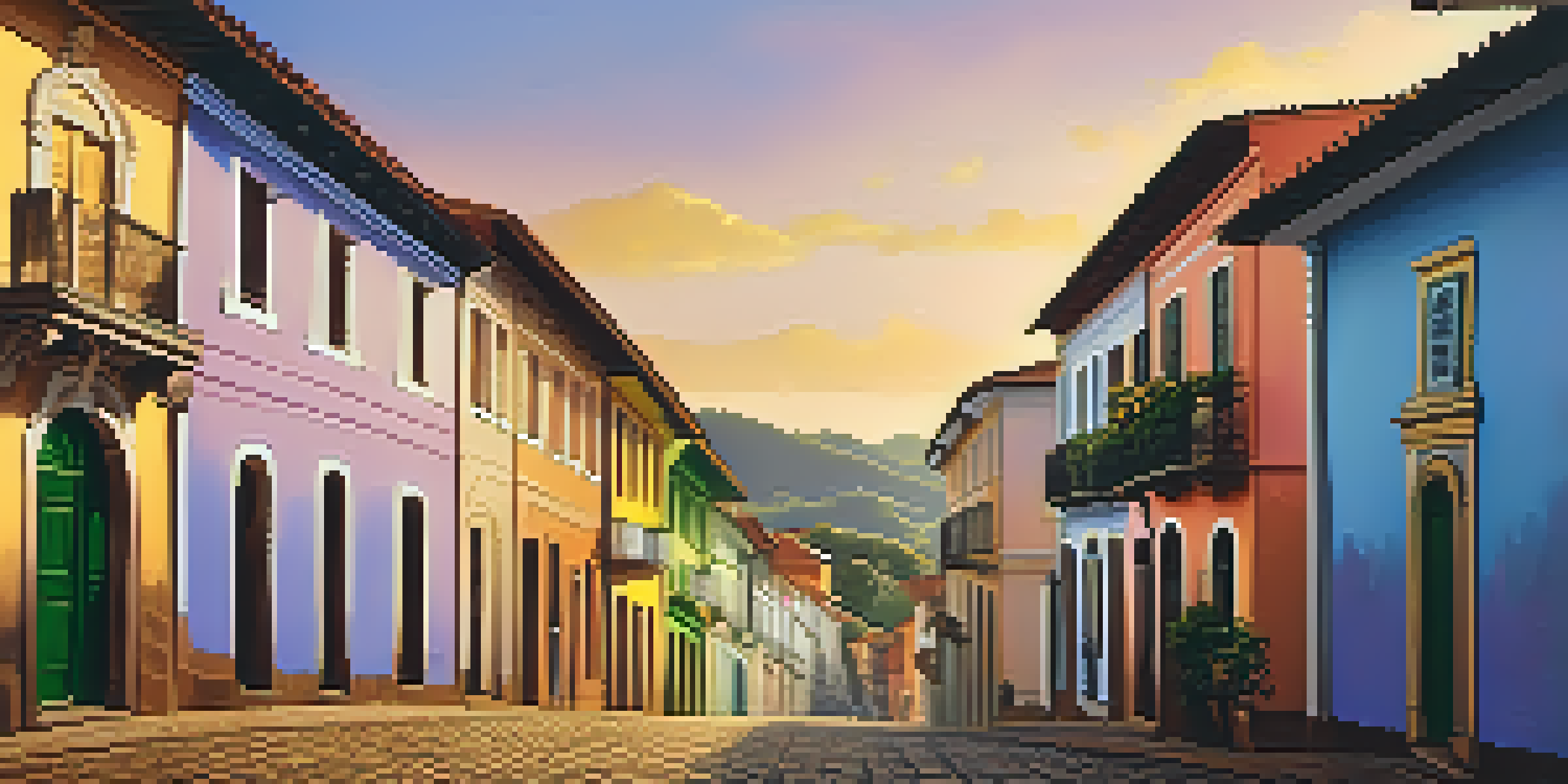A colonial town in Brazil at sunset with cobblestone streets, pastel houses, and baroque churches bathed in golden light.