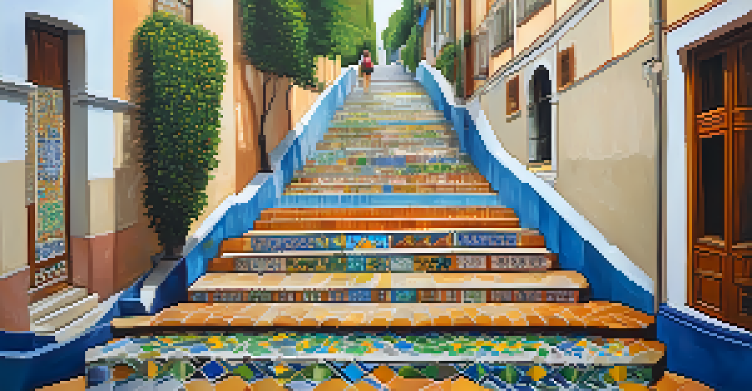 The Escadaria Selarón staircase in Glória, featuring colorful tiles and surrounded by greenery.