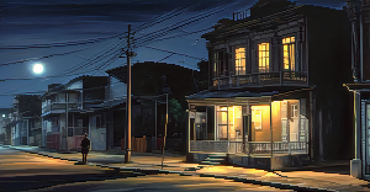 A scared character in front of a haunted house on a dimly lit urban street in Brazil.