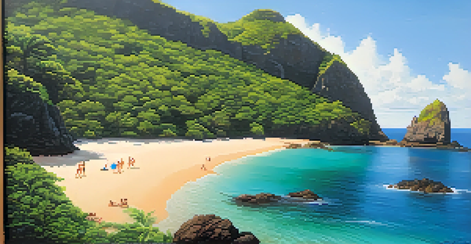 A family snorkeling in the clear waters of Fernando de Noronha, surrounded by colorful fish and a sea turtle, with a scenic beach in the background.