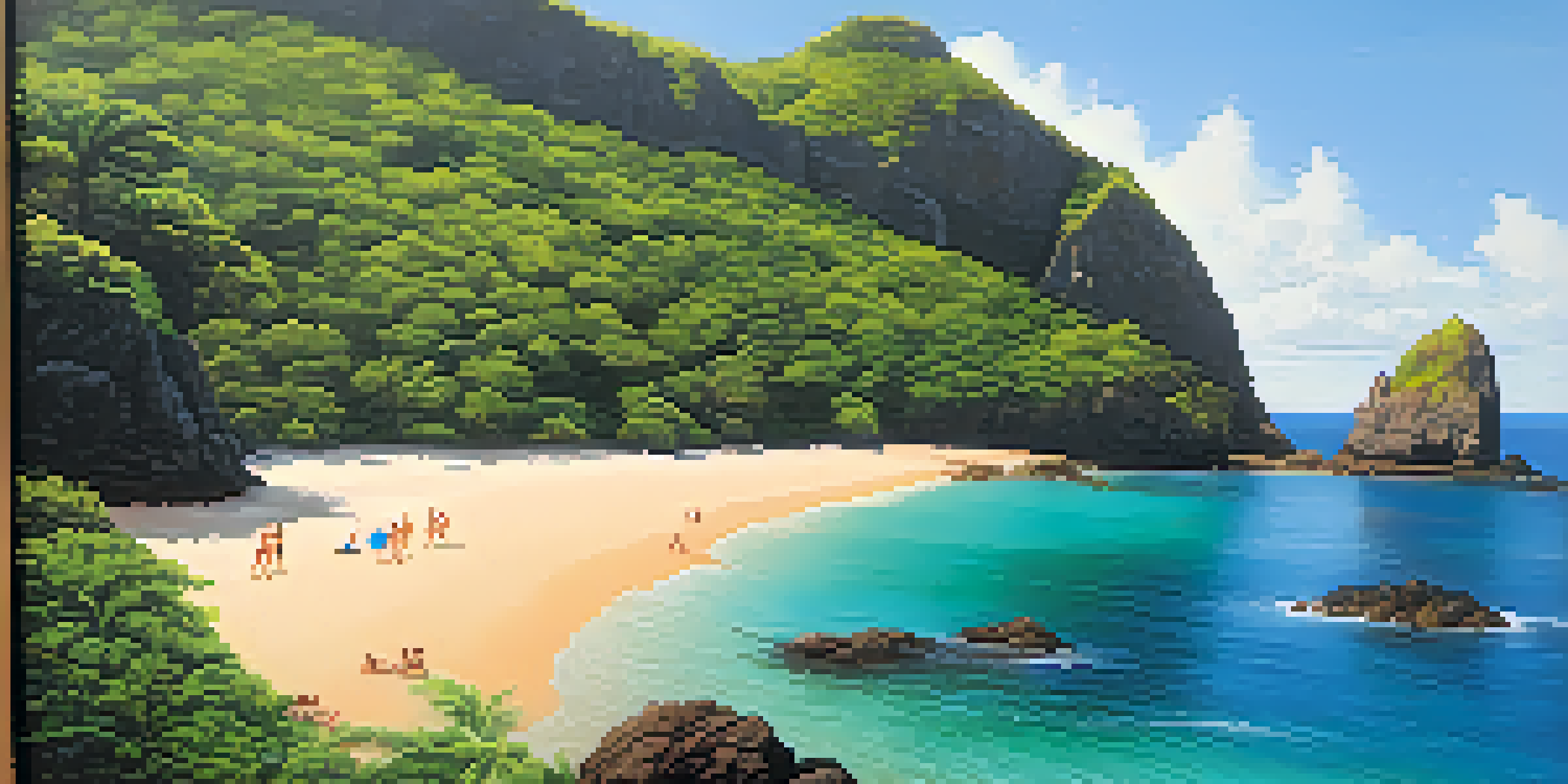 A family snorkeling in the clear waters of Fernando de Noronha, surrounded by colorful fish and a sea turtle, with a scenic beach in the background.