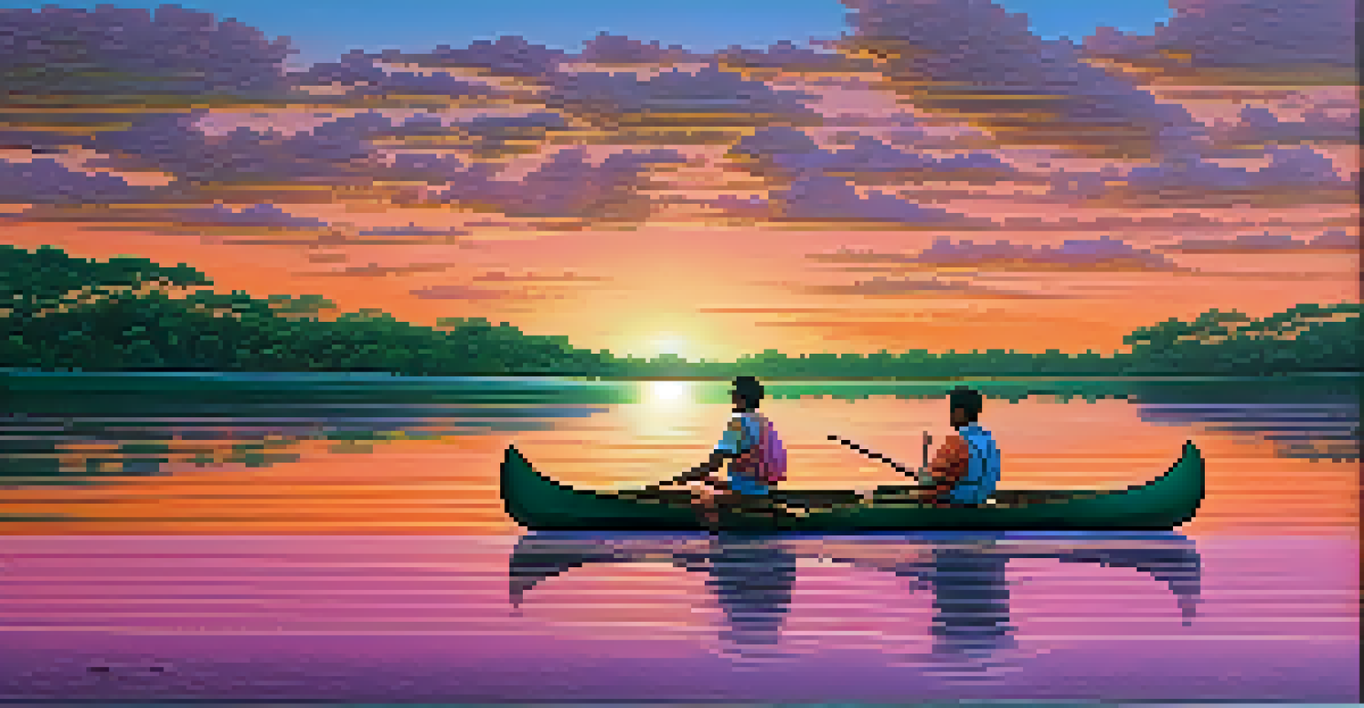 A picturesque sunset view of a canoe on an Amazonian river, with pink dolphins and lush vegetation surrounding it.