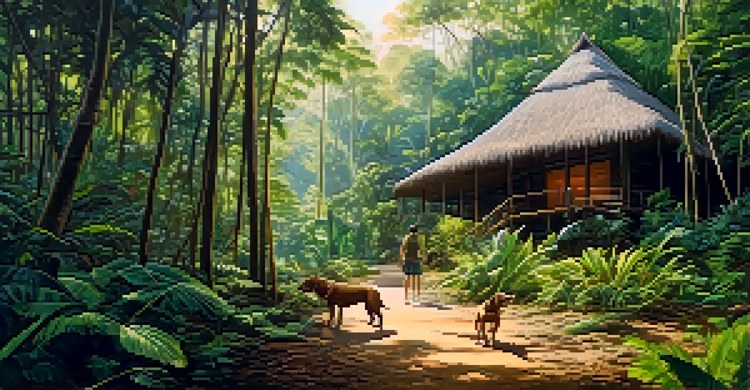 A person hiking in the Amazon Rainforest with a dog, surrounded by greenery and wildlife.